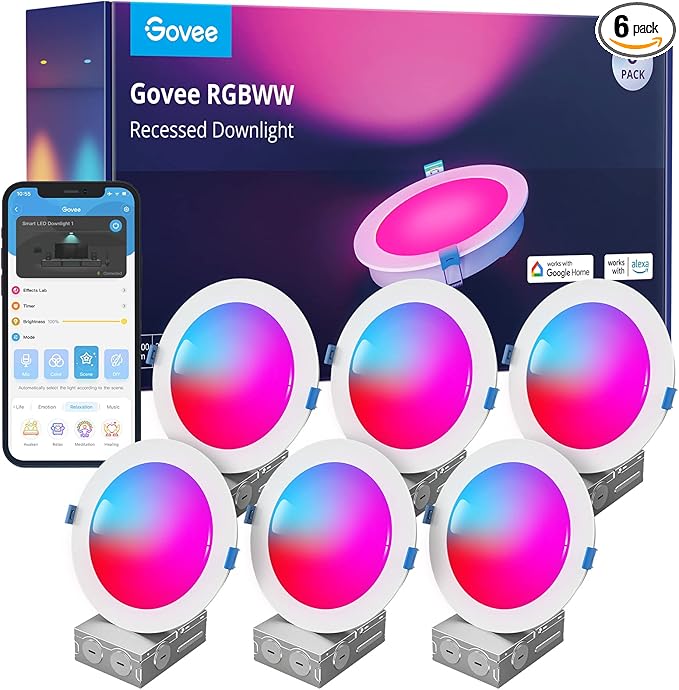 Govee 6 Inch Smart Recessed Lighting, Wi-Fi Bluetooth Direct Connect RGBWW LED Downlight, 65 Scene Mode, Work with Alexa & Google Assistant, LED Recessed Lighting with Junction Box, 1100 Lumen, 6 Pack