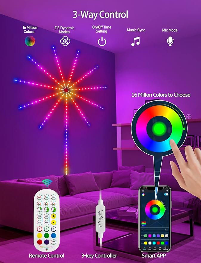 MATICOD Smart Firework Led Lights USB Powered Room Decor, Color Changing Fireworks Led Lights for Bedroom with Launch Burst Effect, RGB Led Strip Lights Remote App Control for New Year Party Decor