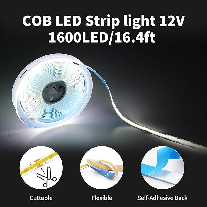 32.8FT/10M COB LED Strip Lights, Cold White 6500K Cuttable LED Tape Light, 3200 LEDs High Bright CRI93+ Flexible Lights Strip for Bedroom, TV Backlight, Cabinet Lighting (No Plug)