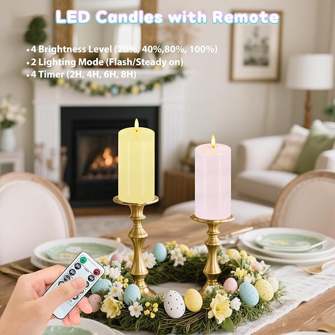 Pastel Flameless Candles, Set of 2 6"x3" Flickering Spring LED Candles with Remote & Timer, Dimmable Real Wax Easter Pillar Candles Battery Operated, Electric Candles for Home Spring Easter Decor