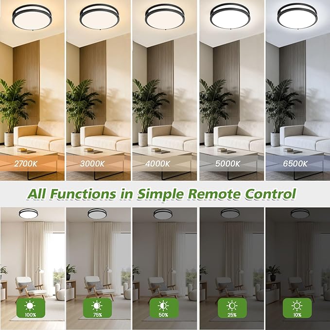 13Inch Flush Mount LED Ceiling Light Fixture with Remote: 36W 3600lm Dimmable Modern LED Ceiling Lights, 2700K/3000K/4000K/5000K/6500K Adjustable Black Kitchen Lighting for Bathroom Hallway, 1-Pack