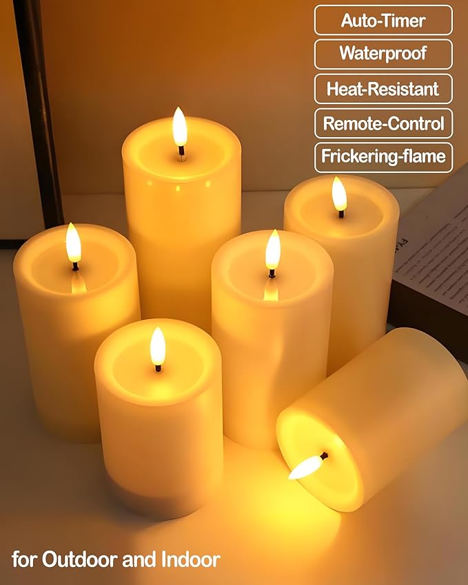 3"x6" Outdoor Waterproof Flameless Candles with Remote and Timers, LED Candles, Battery Operated Candles, Electric Fake Pillar Candles for Patio, Porch, and Lanterns Decor (White, Plastic)