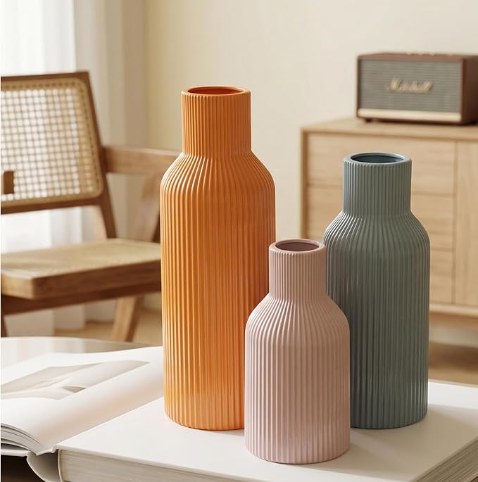 Ceramic Vases Set of 3, Modern Ribbed Vases with Glossy Finish, Decorative Flower Vases in 5.9", 7.8", 9.8" for Home Decor, Living Room, Bedroom, Table Centerpiece (Pink, Blue, Orange)