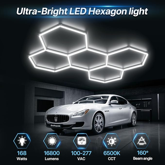 HYPERLITE Gen 2 Hexagon Garage Lights: 168W 16800LM 5 Grids Hexagon Led Light, 6500K Ultra Bright Honeycomb Hex Lights, Durable Design for Garage, Shop, Basement, Barber, Homegym