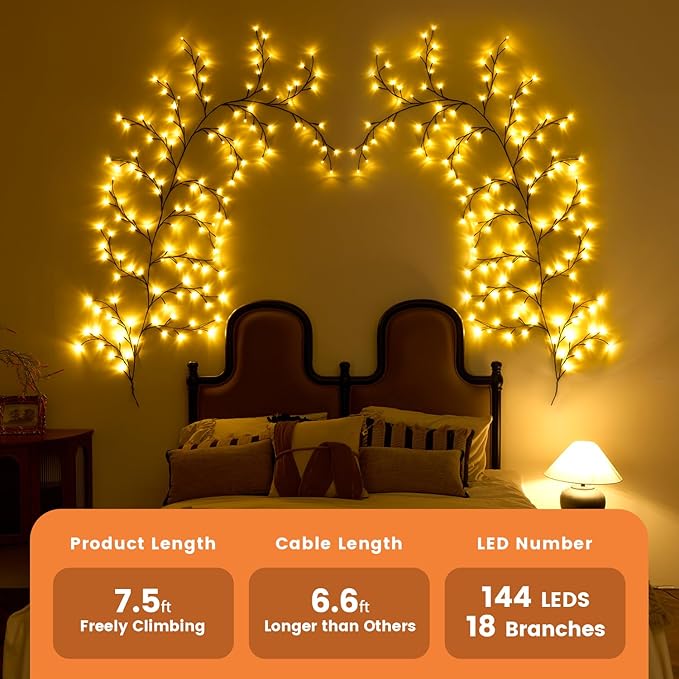 Enchanted Willow Vine Lights with Remote, 18 Branches 144 LEDs Lighted Willow Vine for Wall Decor, Indoor Christmas Swags Decorations for Bedroom, Living Room & Home Decor
