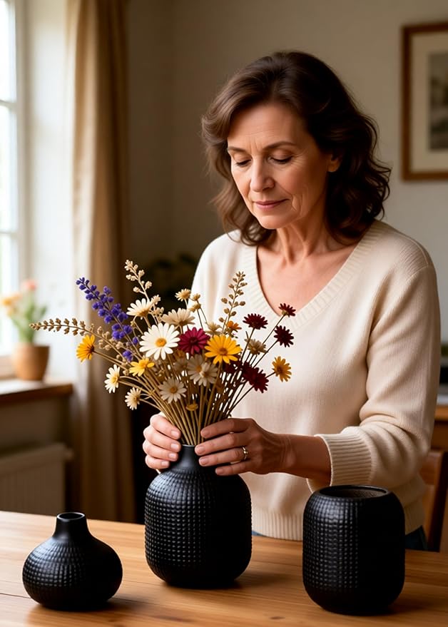 Black Ceramic Vases for Decor, 3 Set Weave Style Modern Minimalist Farmhouse Decoration for Table Shelf, Bookshelf Decoration