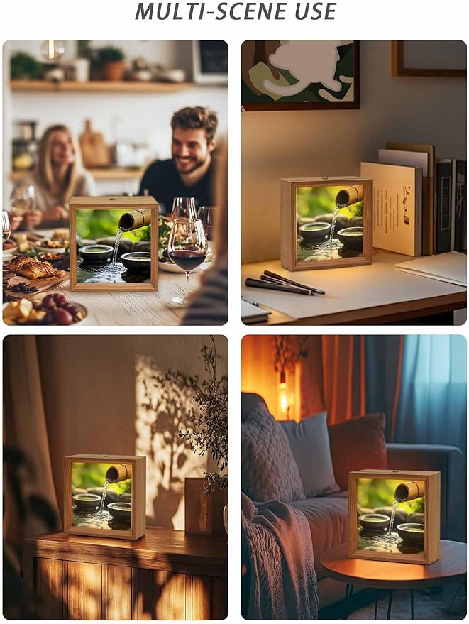 Wood Night Light Box 6.5x6.5in,Zen Meditation Lake Water Table Lights Wooden Picture Frame with USB Rechargeable Touch LED Lights for Home Decor Desktop Display,Natural Landscape