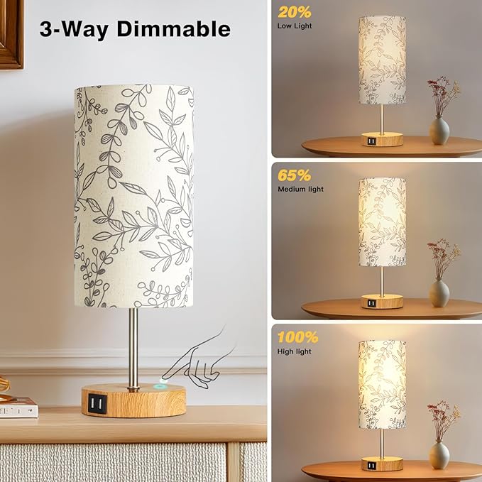 Bedside Touch Lamps for Nightstand with 2 USB Charging Ports, 3 Way Dimmable Wood Bedroom Lamp with Flower Fabric Shade, Small Table Lamp for Living Room Reading Desk (LED Bulb Included)