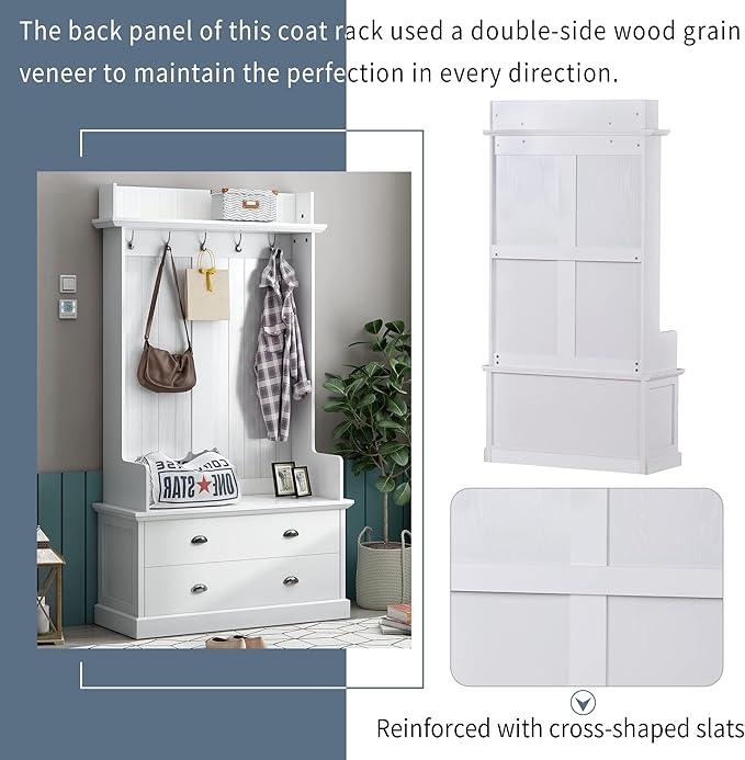 RUNNA Wooden 38.5" Wide Hall Tree with Coat Rack and 2 Large Drawers,Bench,5 Metal Hooks and Handles,For Livingroom Hallway Entryway Use (White@Drawers)
