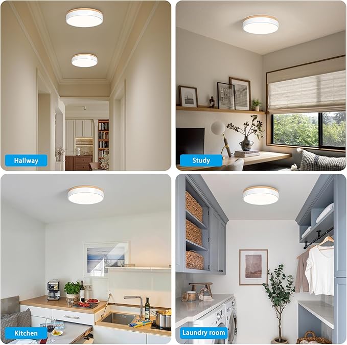 Dimmable Wood Ceiling Light Fixture 2700K-6000K 5CCT Modern White LED Flush Mount Ceiling Light Minimalist Circle Close to Lighting Fixture for Bedroom Kitchen Bathroom Laundry Room 11.81 Inch