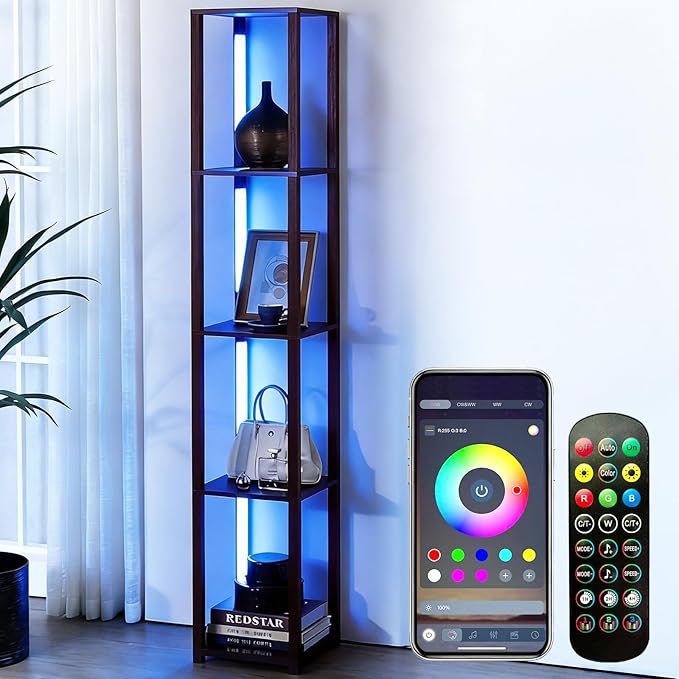 RGBCW Floor Lamp with Shelves, Smart Modern Floor Lamp with Music Sync, Color Changing Corner Display Shelf Lamp, Dimmable Square Standing Lamp for Living Room and Bedroom, Office