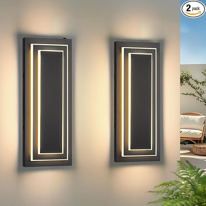 Dusk to Dawn Outdoor LED Wall Sconce,15.7 in Black Modern Square Outdoor Light Fixtures Wall Mount,Waterproof 2-Tier Exterior Lights for House,Garage,Porch,Patio,Yard,Foyer,3000K,24 W, 2PCS