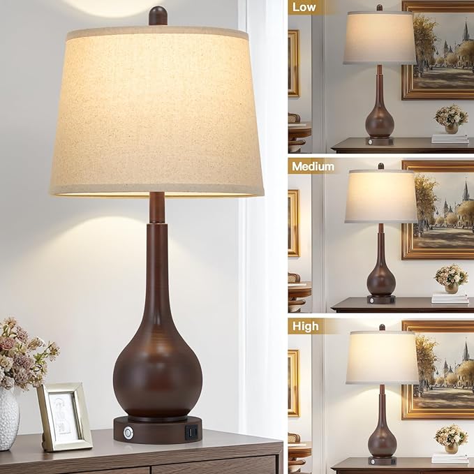 26" Brown Table Lamps Set of 2, Touch Control Bedside Lamps for Bedroom Nightstand, 3-Way Dimmable Farmhouse Lamp for Living Room with Charging Port (2 LED Bulbs Included)