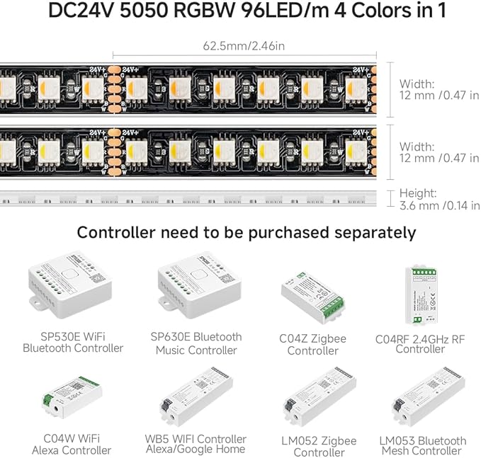 BTF-LIGHTING 5050 RGBW RGB+Warm White(2700K-3000K) 4 Colors in 1 LED 5m 16.4ft 96LED/m DC24V Multi-Colored LED Tape Lights IP67 Waterproof Black 14mm PCB for Home Decoration(No Adapter or Controller)