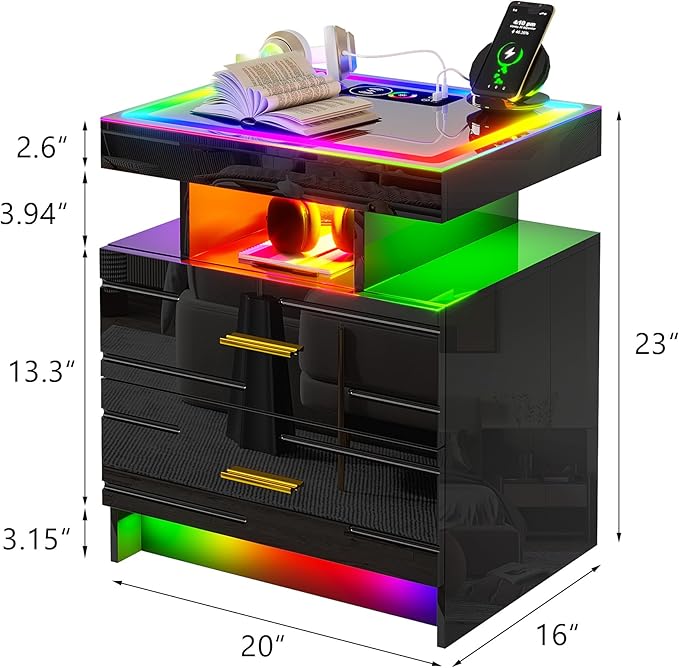 HNEBC RGB Nightstand with Wireless Charging Station, LED Night Stand with Motion Sensor Lights, Smart Bedside Table with Changing Strip Lights with Remote,High Gloss Side Table/Glass Top (Black)