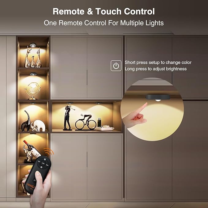Puck Lights with Remote Control Rechargeable,Wireless Under Cabinet Lighting,2000mAh Battery Operated Tap Push Touch Lights,Stick On Lights for Counter,Shelf,Bookcase (Dark Grey, 3 Pcs)