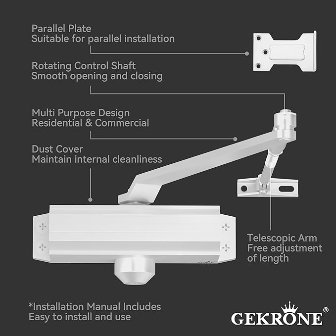 Automatic Door Closer Heavy Duty Spring Size 2 Hydraulic Aluminum Alloy UL 3-Hour Fire Rating Surface Mounted Home Commerical Door Closures Hold Open Adjust Speed Door Weights 88-144 Lbs