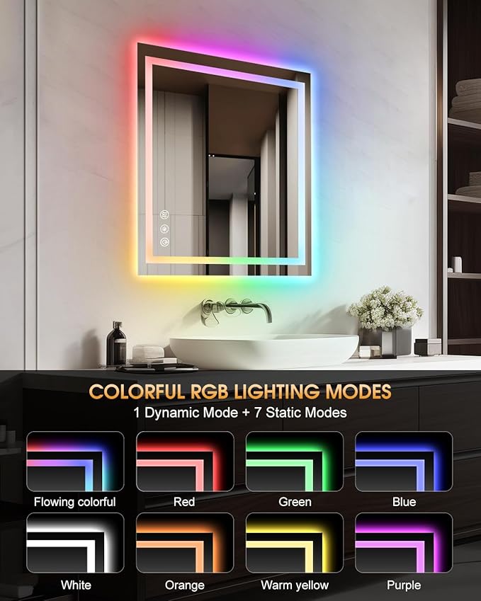 oneup 24x32'' RGB Bathroom Mirror with Lights,RGB Color Changing LED Bathroom Mirror for Wall,Lighted Vanity Mirrors,Dimmable,Anti-Fog,IP54 Waterproof
