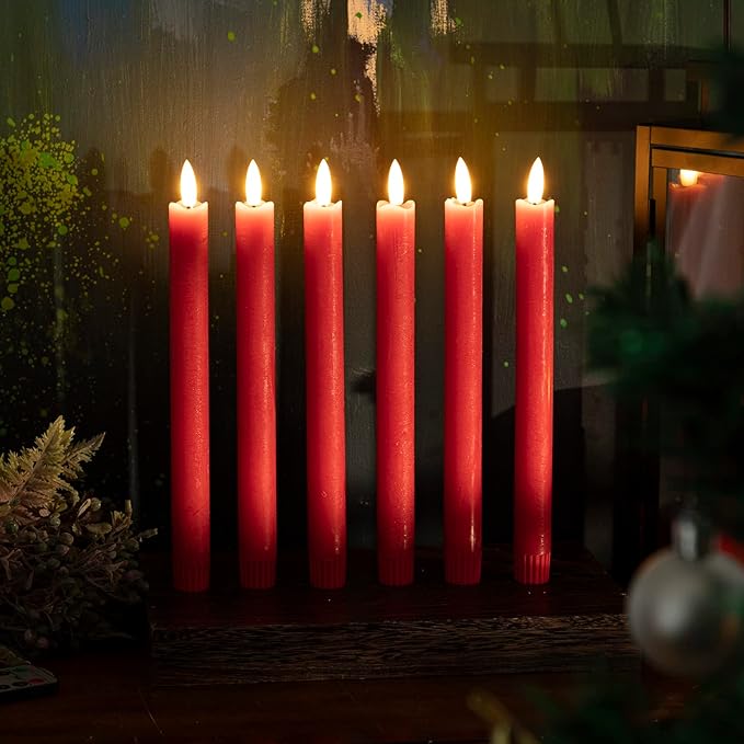 Flameless Taper Candles with Remote Timer, 9.6" Red Real Wax Flickering Battery Operated Warm Light Electric LED Candle, Perfect for Christmas Party Wedding Decoration (6 Pack)