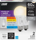 Feit Electric A19 LED Light Bulb, 60W Equivalent, Dimmable, Color Selectable 6-Way, 5CCT, E26 Medium Base, 90 CRI, 800 Lumens, 22-Year Lifetime, Damp Rated Lightbulb OM60DM/6WYCA/2, 2 Bulbs