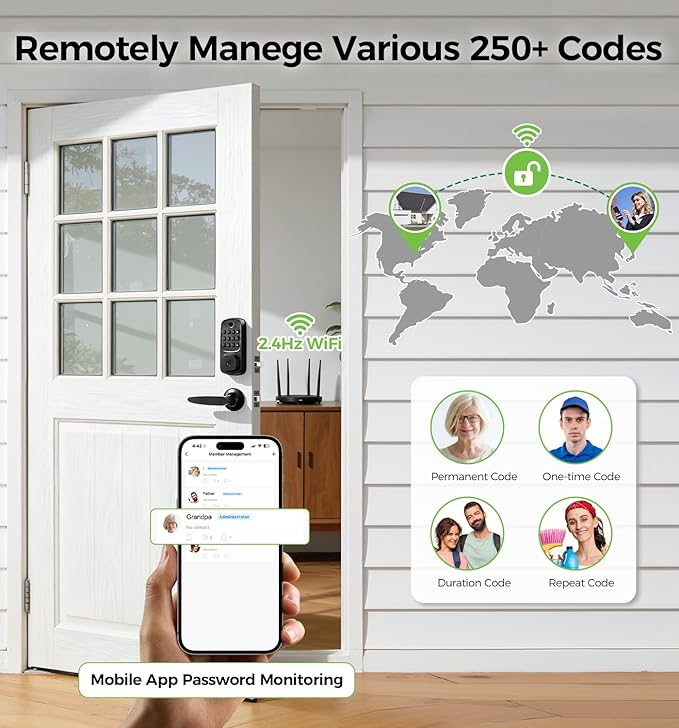 WiFi Smart Door Locks for Front Door Lock Set with 2 Lever, Keyless Entry Keypad Door Lock with Handle, Works with Alexa & Google Assistant, APP Remote Control, Voice & Fingerprint Unlock, AutoLocking