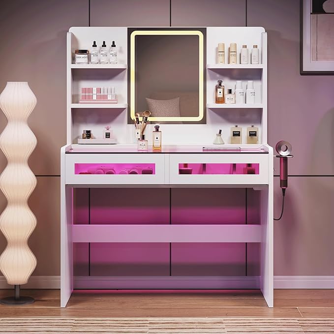 Vanity Desk with LED Lights Mirror & Power Outlet, Transparent Top Vanity with 2 RGB Drawers, 3 Lighting Modes & Adjustable Brightness, Dressing Table for Women Girls Bedroom, White Plus