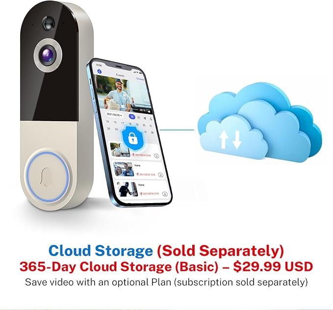 1080p Wireless Doorbell Camera with Receiver, AI Human Detection, 2-Way Audio, Night Vision, Cloud Storage (Sold Separately), Real-Time Alerts, Rechargeable Battery-Powered, 2.4Ghz Wi-Fi