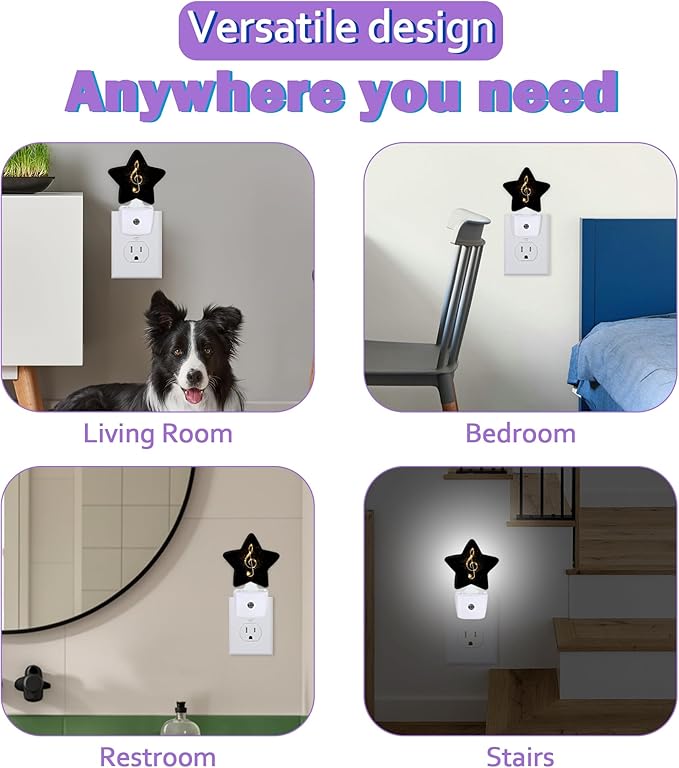 Gold Music Note Night Lights Plug Into Wall Decorative,Black Shiny Sleep Friendly Lamp, Energy Efficient Dusk-to-Dawn Sensor Nightlights for Kid Bedroom Nursery Bathroom