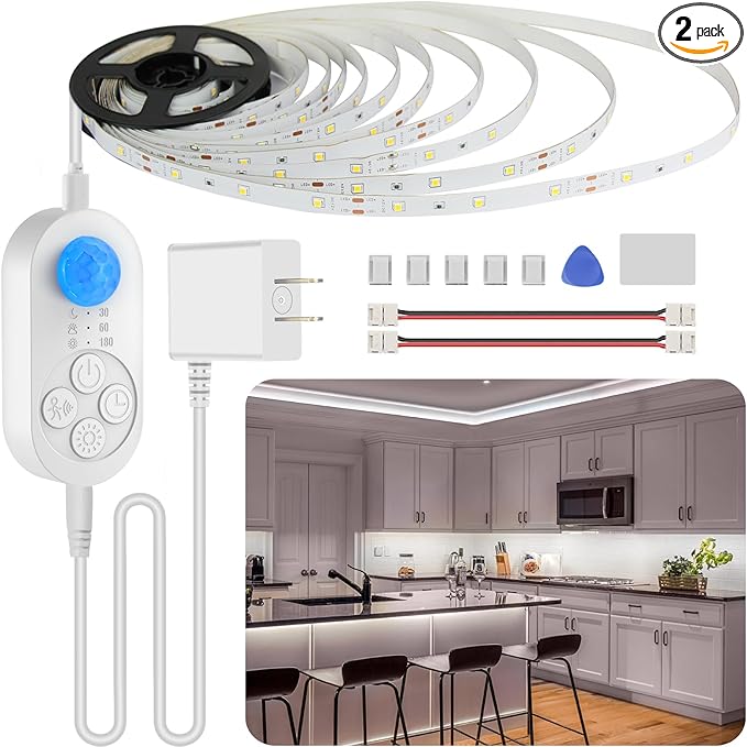 Under Cabinet Lights Plug-in Motion Sensor LED Strip Lights Indoor Cold White 6000K Super Bright 2000lm with 12V Adapter, Dimmer and Timer for Kitchen Cabinet, Shelf, Wardrobe, Stairway…