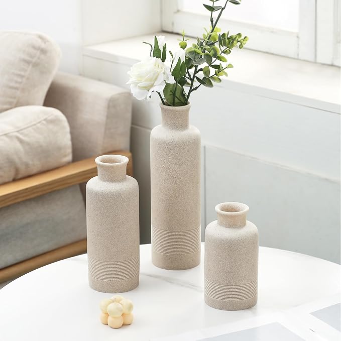 Flower Vase Set, Stone Look, 3 PCS Small Decorative Bud Vases for Pampas Grass, Farmhouse Decor, Kitchen, Living Room, Bathroom, Bedroom, Office, Shelf Centerpiece Table Decoration (Beige)