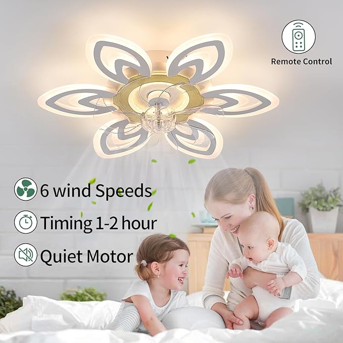 Snowflake Modern Ceiling Fan with Light and Remote, Low Profile Ceiling Fans with remote, 26 Inch Flush Mount Ceiling Fan with 3 Light Color 6 Speeds, Fandelier Ceiling Fan for Kitchen Bedroom-White