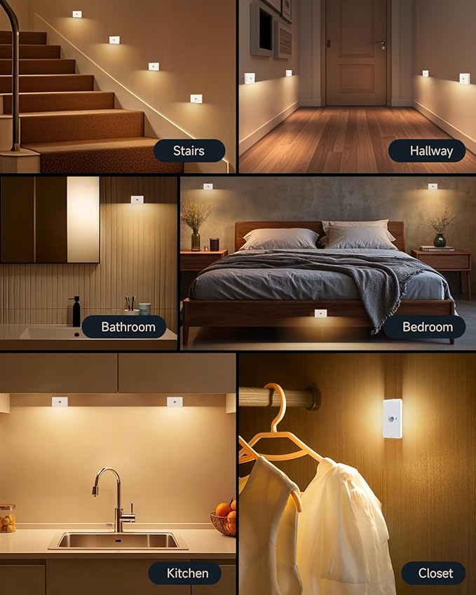 Yiliaw 3-Pack Rechargeable Motion Sensor Stair Lights White, Dimmable Night Lights with 3 Modes & 3 Color Temperatures, Magnetic, Stick-On Stair Lights Indoor for Hallway, Stairway, Bathroom, Kitchen