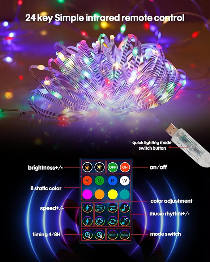Smart Fairy String Lights, 33Ft Usb DIY Twinkle Lights w/Remote & App Controlled, music sync,12 Modes, Multicolor & Warm White for Bedroom, Christmas, Parties,Wedding,Centerpiece, Decoration