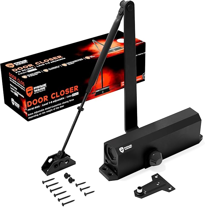 PrimeWare DC-600 Automatic Adjustable Door Closers for Home | Soft Close, No Slam | Residential and Commercial Door Closer | Level 1-6 | for Doors Weighing 30-300 lbs | Hydraulic Door Spring - Black