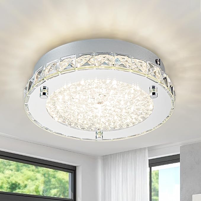 Flush Mount Crystal Ceiling Light Modernn Ceiling Mounted Light Hallway Light Fixtures LED 4000K Round Ceiling Light 8 Inch for Small Space, Bedroom, Foyer, Entryway, Bathoom, Kitchen