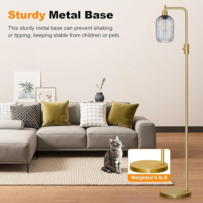 【Upgraded】 Dimmable Glass Floor Lamp for Living Room, Modern Gold Standing Lamp with Gray Ribbed Glass Lampshade & Knob Dimmer, Arc Tall Lamp for Bedroom Office Reading Room, 2700K Led Bulb Included