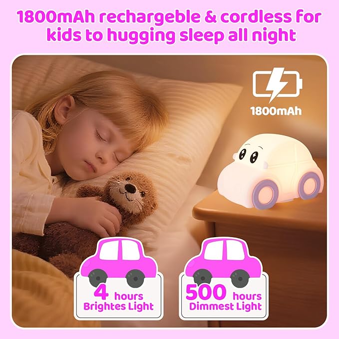 Cute Baby Toddler Car Kids Night Light for Kids, Dimmable+1800mAh Rechargeable+Timer+Portable+Silicone+Squishy, Touch Breastfeeding Bedside Night Lamp, Funny Girls Boy Gifts