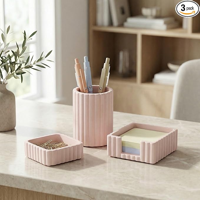 KIBAGA Modern Aesthetic Desk Accessories Set of 3 - Stylish Pink Concrete Organizers for Pens & Office Supplies - A Cute and Functional Addition to Your Workspace Decor