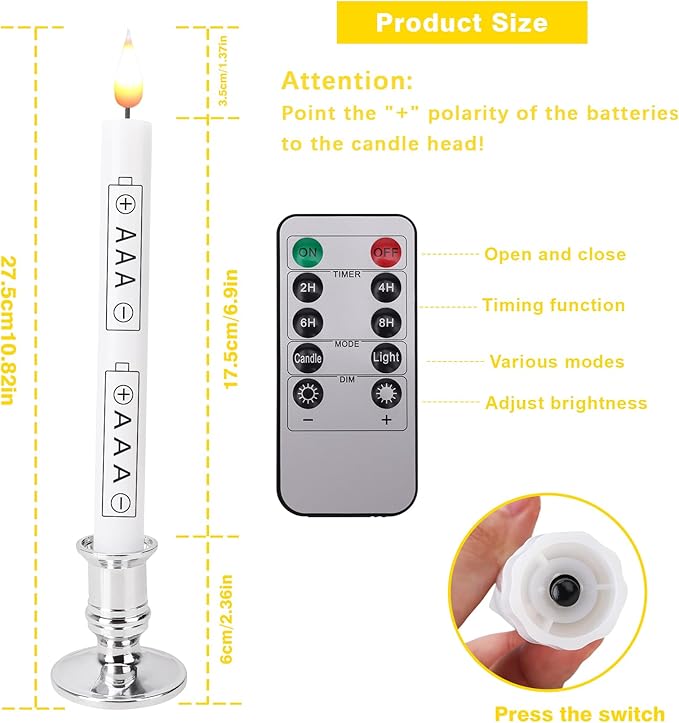 LED Flameless Window Candles with Remote Timer 10 PCS Battery Operated Flickering Taper Candle Lights with Removable Sliver Candle Holders Best Gift for Xmas Wedding Home Dinner Décor