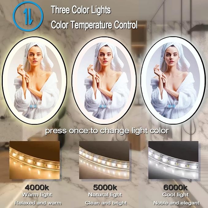 THEKLA 20 x 30 inch Black Framed Oval LED Mirror for Bathroom Wall Oval Lighted Vanity Mirror with Lights Black Frame Smart Memory 3 Color Dimmable Front Lit Anti-Fog 30" Black Ovals Light up Mirrors