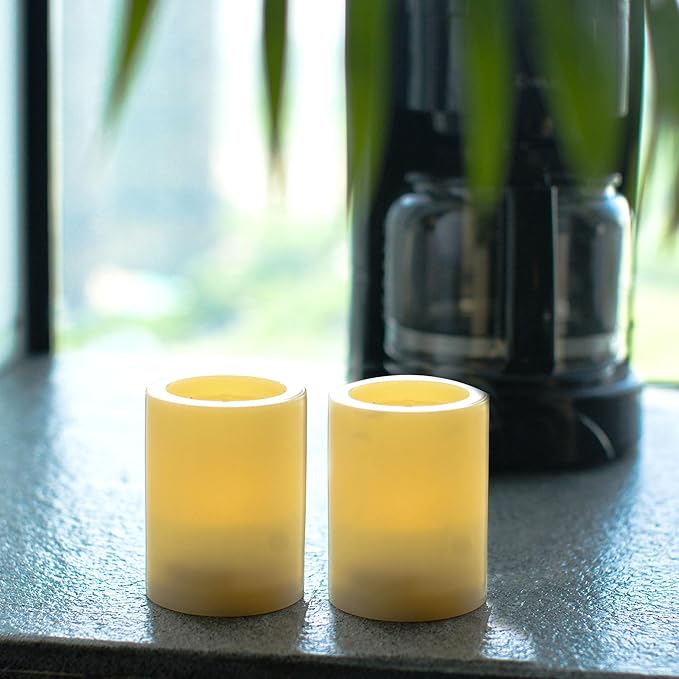 CANDLE CHOICE Outdoor Battery Operated Flameless Candles with Remote Timer Waterproof Flickering Plastic Electric LED Pillar Lights for Lantern Patio Garden Wedding Party Decorations D3”xH4” 2 Pack