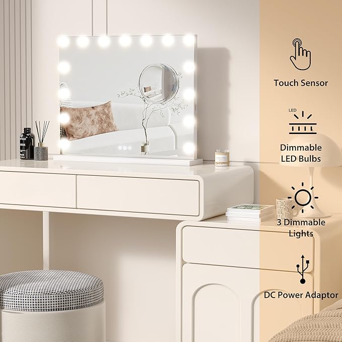 IDEALHOUSE Vanity Mirror with Lights, 23''x18'' Tabletop LED Makeup Mirror, 3 Color Lighting Modes, USB Charging Port Touch Control, Detachable 3X Magnification Mirror, Tabletop or Wall-Mounted