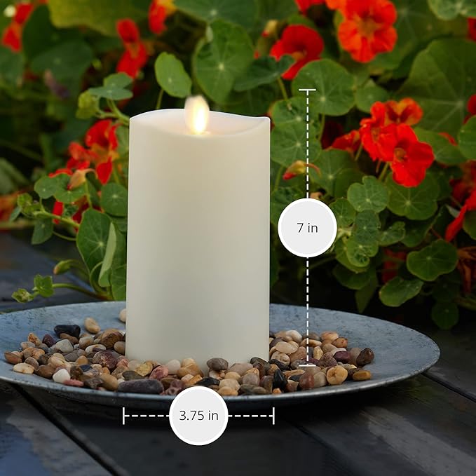 Luminara Outdoor Flameless LED Ivory Candle Melted Edge 3.75" x 7" Real Moving Flame Battery Operated Timer Plastic Weather-Resistant
