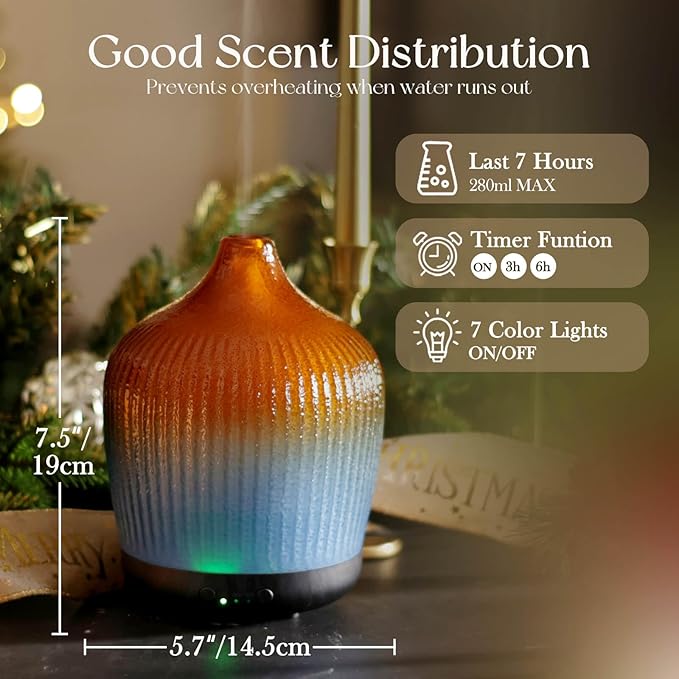 Porseme 280ml Essential Oil Diffuser, Ultrasonic Cool Mist Humidifier with Color Changing, Auto Shut-Off, 6-10 Running Hours, Aromatherapy Glass Diffusers for Home Bedroom, Office, Yoga (Yellow-Blue)