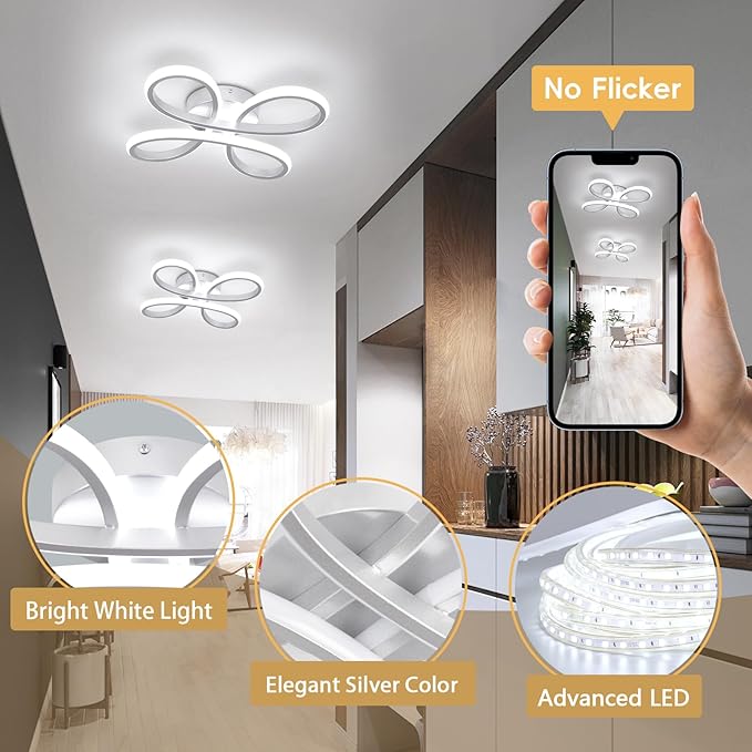 ADISUN Modern LED Ceiling Light, 6000K Silver Semi Flush Mount Ceiling Lights for Hallway, Modern Lamps for Living Room Bedroom Corridor Aisle Hallway Indoor Ceiling Lamp (L14.56*W14.56*H1.18)
