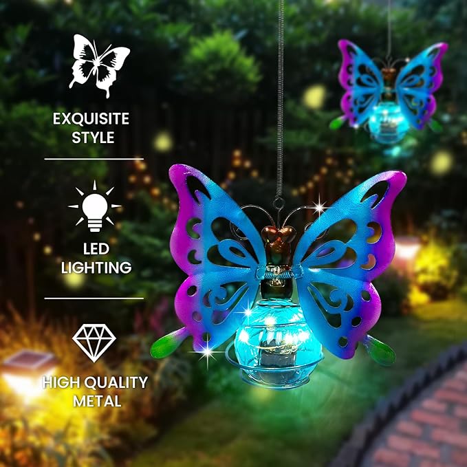 Solar Hanging Butterfly Lights LED Outdoor Garden Decor Light Waterproof Powered Unique Decorations for Sister Birthday Gardening Gifts for Mom Women Front Porch Balcony Backyard Yard Path