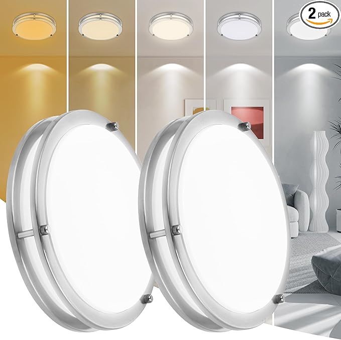 2 Pack 12 Inch Round Brushed Nickel Ceiling Light Fixture - Flush Mount LED Ceiling Lamp Set of Two 2700K/3000K/3500K/4000K/5000K Adjustable Brushed Nickel Bathroom LED Light for Bedroom