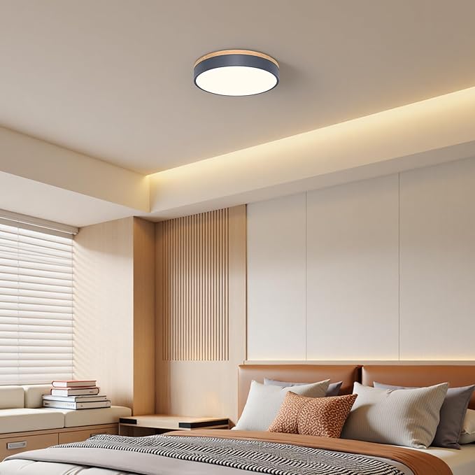 Dimmable Wood Oak Ceiling Light Fixture Modern Gray LED Flush Mount Ceiling Light 5CCT Minimalist Circle Close to Lighting Fixture for Bedroom Kitchen Bathroom Laundry Room 11.81 Inch