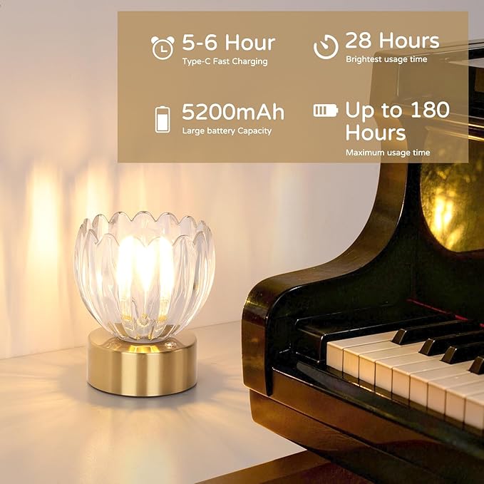 Cordless Small Table Lamp with 5200mAh Battery & Touch Control, Battery Operated Tulip Table Lamp with 3 Colors, Rechargeable Mini Table Lamps for Bedsides, Bedroom, Nightstand (Transparent)