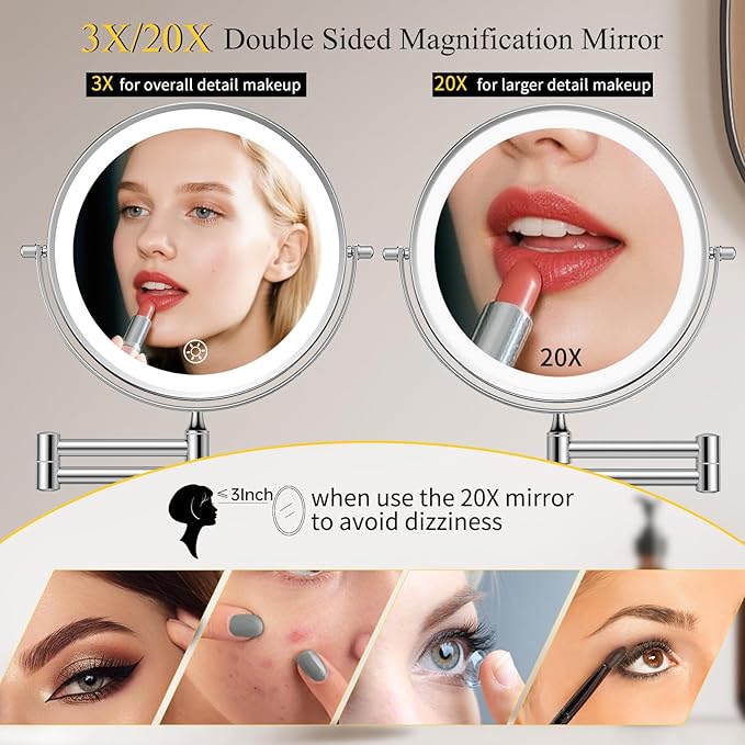 FUNTOUCH Rechargeable Wall Mounted Makeup Mirror with Lights,5000mAh Double Sided 3X/20X Magnifying,3 Color Lights,Touch Dimmable, Extended Arm 360 Rotation Lighted Bathroom Mirror with Magnification